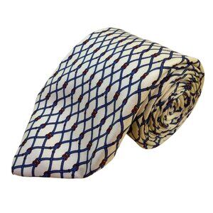 Saint Laurent Mens Ivory & Blue 100% Silk Neck Tie Rope Grid Pattern